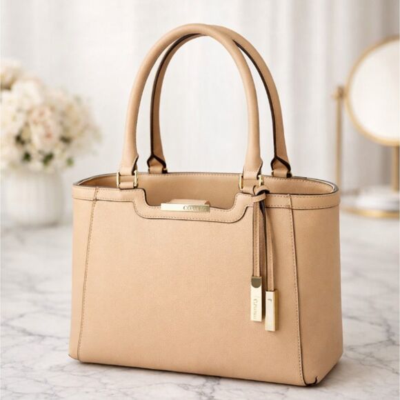 Calvin Klein Handbags - Calvin Klein Taupe Leather Shoulder Bag Womens Designer Structured Handbag